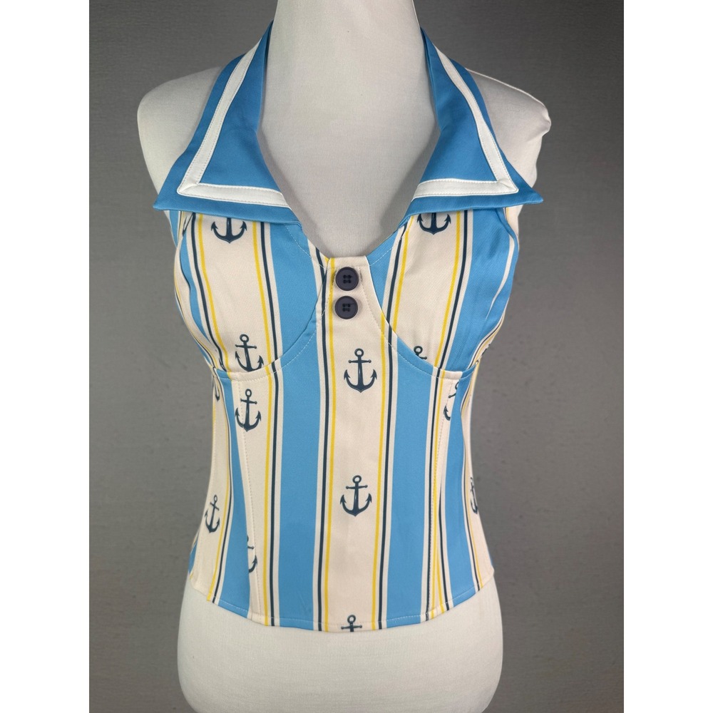 Musera Halter Top Women Size L Blue Nautical Anchor Print Lace Up Corset Sailor